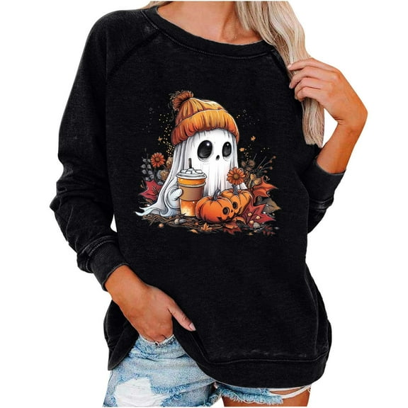 Jamicy Crewneck Sweatshirts Women Halloween Pumpkin Sweatshirts for Women Funny Ghost Graphic Sweatshirt Spooky Season Party Sweater Fall Pullover Tops