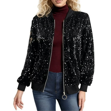 Jamicy Crop Jacket for Women Sequin Jacket Sparkle Long Sleeve Jackets Front Zip Loose Casual Blazer Bomber Jacket with Pockets