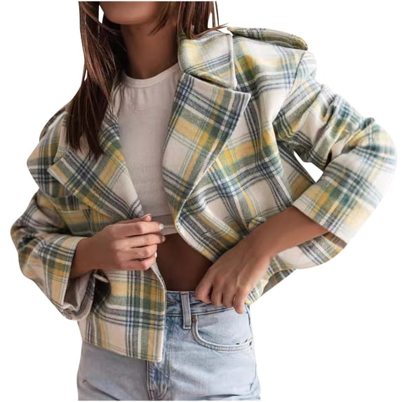 Jamicy Cropped Jacket for Women Juniors Peacoat Plaid Cropped Pea Coat Tweed Wool Blend Breasted Jacket for Women Long Sleeve Open Front Suit Outwear