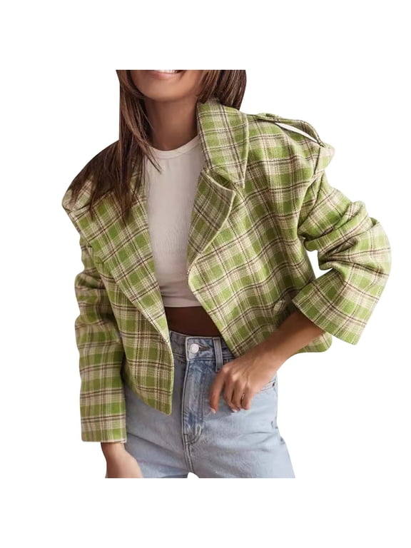 Cropped Jacket for Women Juniors Peacoat Plaid Cropped Pea Coat Tweed Wool Blend Breasted Jacket for Women Long Sleeve Open Front Suit Outwear
