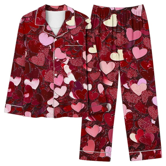 Jamicy Cute Pajamas for Women Valentine's Day Pajama Set Heart Print Button Down Long Sleeve Shirt Pants Silk Stain Lounge Set 2pc Sleepwear