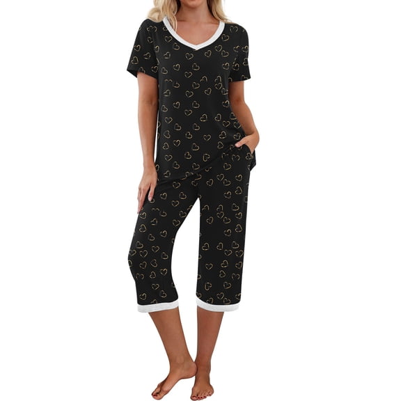 Jamicy Cute Pajamas for Women Mother's Daygifts Women's Pajama Set Short Sleeve Shirt and Capri Pants Sleepwear Pjs Sets with Pockets