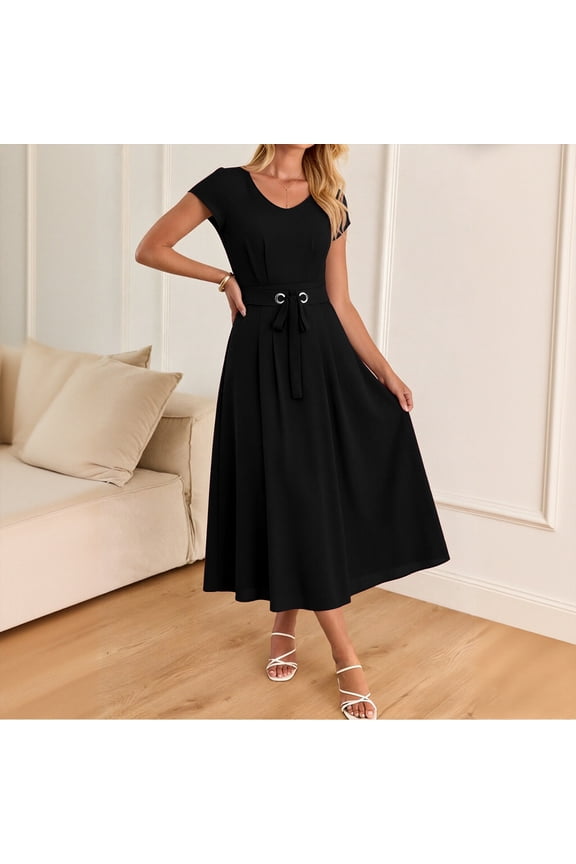 Dresses for Women Solid Color Round Neck Sleeveless Dresses formal Wedding Guest Modest Vintage Tea Party Midi Evening Dress