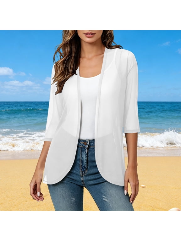 Dressy Cardigan for Women Mesh Cardigan Open Front 3/4 Sleeve Sheer Lightweight Casual Swimwear Cover Up Top Cardigan Jacket