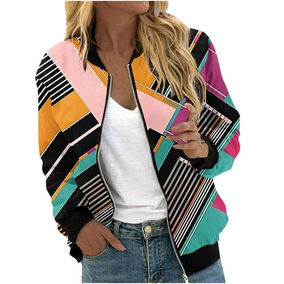 Jamicy Fall Jackets for Women Bomber Jacket for Women Lightweight Zip Up Long Sleeve Casual Jacket Trendy Patchwork Color Block Sport Outerwear