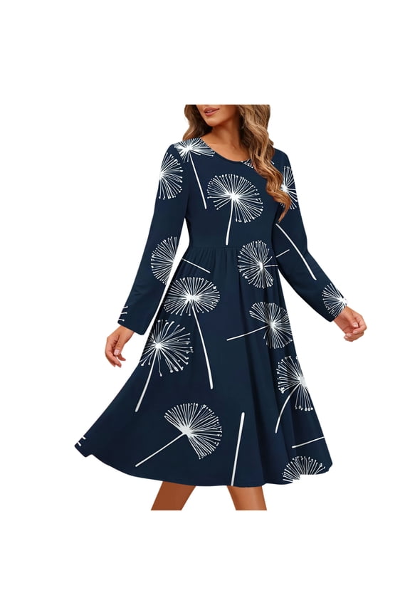 Fancy Dresses for Women 2026 Long Sleeve Dress for Women Floral Midi Dresses for Casual Womens Round Neck Dresses with Pockets