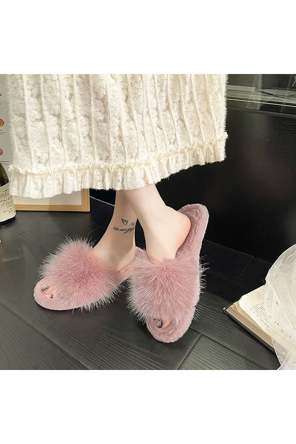 Furry Fluffy Slippers for Women Faux Fur House Slippers Open Toe Fuzzy Slides Soft Flat Slip On Sandals for Indoor Outdoor