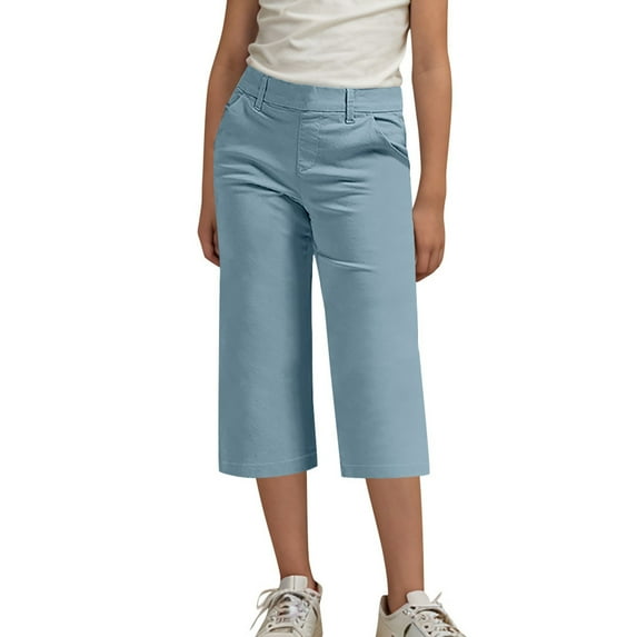 Jamicy Girls Capris Pants for 4-14 Years Kids Kids Solid Color Elastic Waist Straight Pants Capris with Pocket