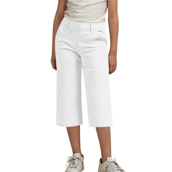 Jamicy Girls Capris Pants for 4-14 Years Kids Kids Solid Color Elastic Waist Straight Pants Capris with Pocket