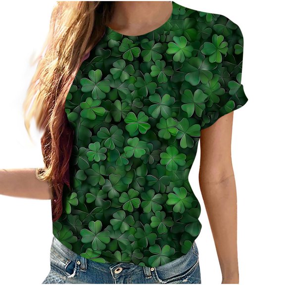 Lopecy-Sta Graphic Tees Adult St. Patrick's Day Gift for Women Ladies St. Patrick's Day Printed Short Sleeved Round Neck Top/Shirt