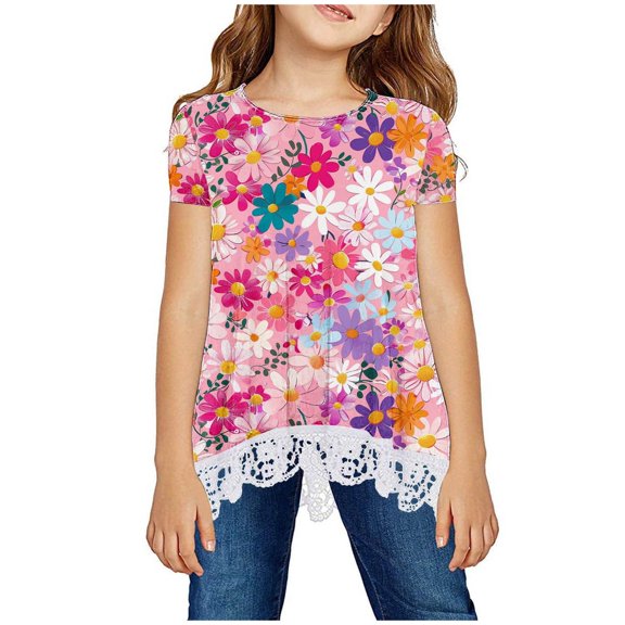 Jamicy Graphic Tees for Toddler Girls Floral Print Tops Lace Irregular Hem Tops Round Neck Short Sleeve Children's Lace T-Shirt Round Neck Tops/Shirts