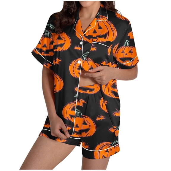 Lopecy-Sta Halloween Pajama Sets for Women 2 Piece Ghost Pumpkin Print Shirts and Shorts Set Button Down Short Sleeve Sleepwear