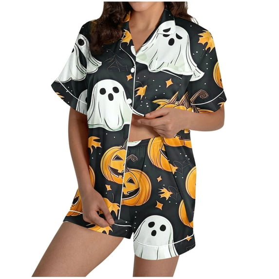 Lopecy-Sta Halloween Pajama Sets for Women 2 Piece Ghost Pumpkin Print Shirts and Shorts Set Button Down Short Sleeve Sleepwear