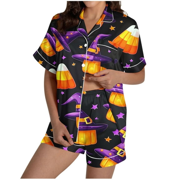 Lopecy-Sta Halloween Pajama Sets for Women 2 Piece Ghost Pumpkin Print Shirts and Shorts Set Button Down Short Sleeve Sleepwear