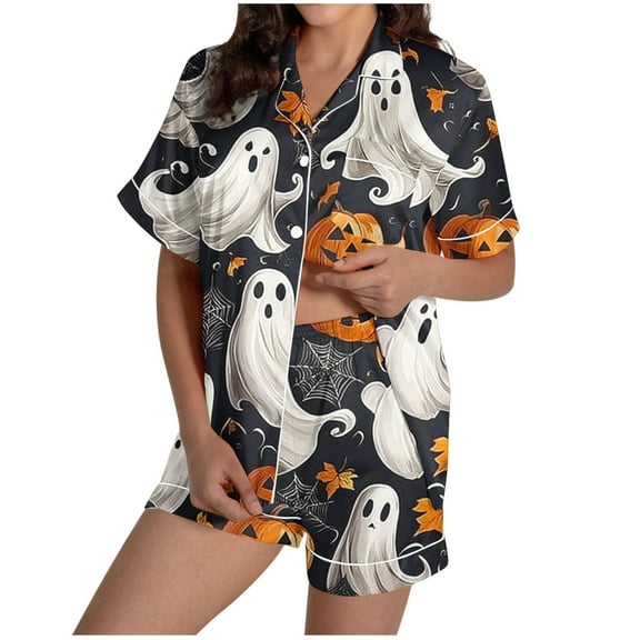 Lopecy-Sta Halloween Pajama Sets for Women 2 Piece Ghost Pumpkin Print Shirts and Shorts Set Button Down Short Sleeve Sleepwear