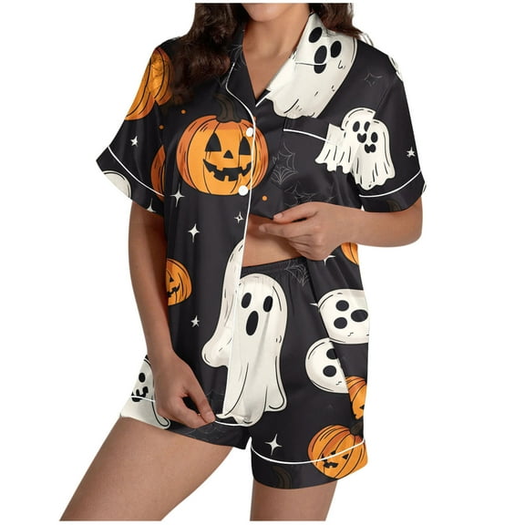Lopecy-Sta Halloween Pajama Sets for Women 2 Piece Ghost Pumpkin Print Shirts and Shorts Set Button Down Short Sleeve Sleepwear