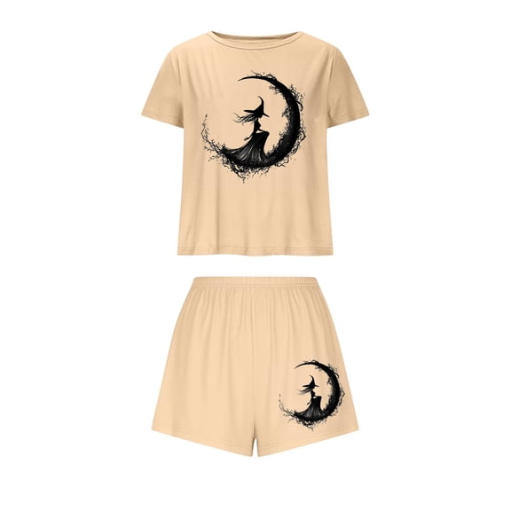 Jamicy Halloween Pajama Sets for Women Soft Sleepwear Halloween Print Pajama Sets for Women 2 Piece Short Sleeve Top with Shorts