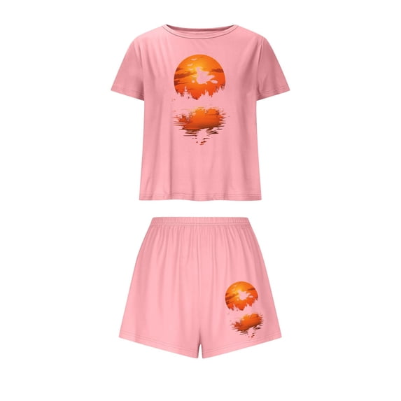 Jamicy Halloween Pajama Sets for Women Soft Sleepwear Halloween Print Pajama Sets for Women 2 Piece Short Sleeve Top with Shorts