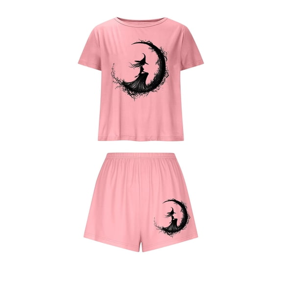 Jamicy Halloween Pajama Sets for Women Soft Sleepwear Halloween Print Pajama Sets for Women 2 Piece Short Sleeve Top with Shorts