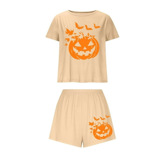 Jamicy Halloween Pajama Sets for Women Soft Sleepwear Halloween Print Pajama Sets for Women 2 Piece Short Sleeve Top with Shorts