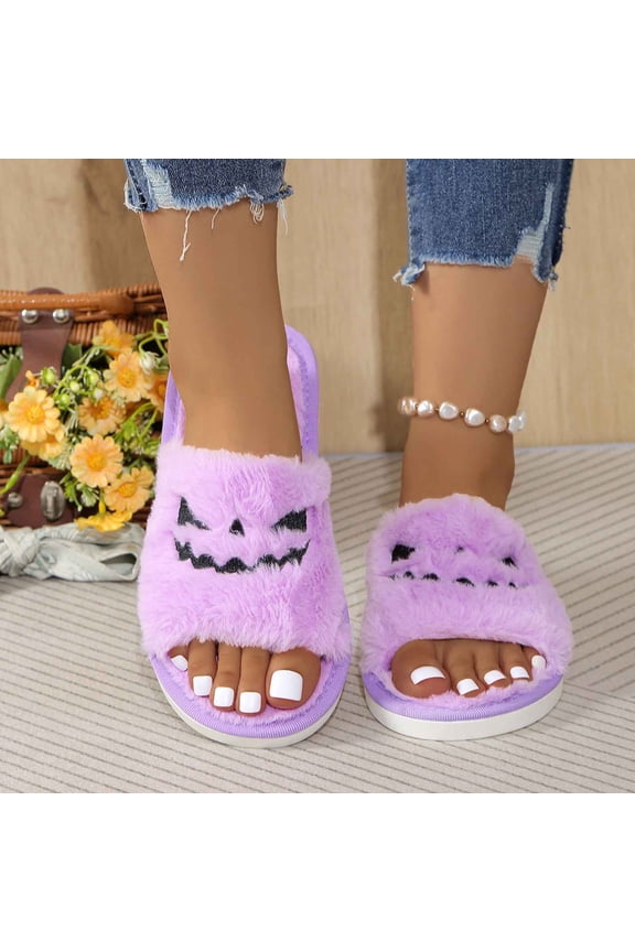Halloween Slippers for Women Lantern Pumpkin Soft Plush Cozy Open Toe Indoor Outdoor Open Toe Slippers Fuzzy Slippers Gifts for Girls Women