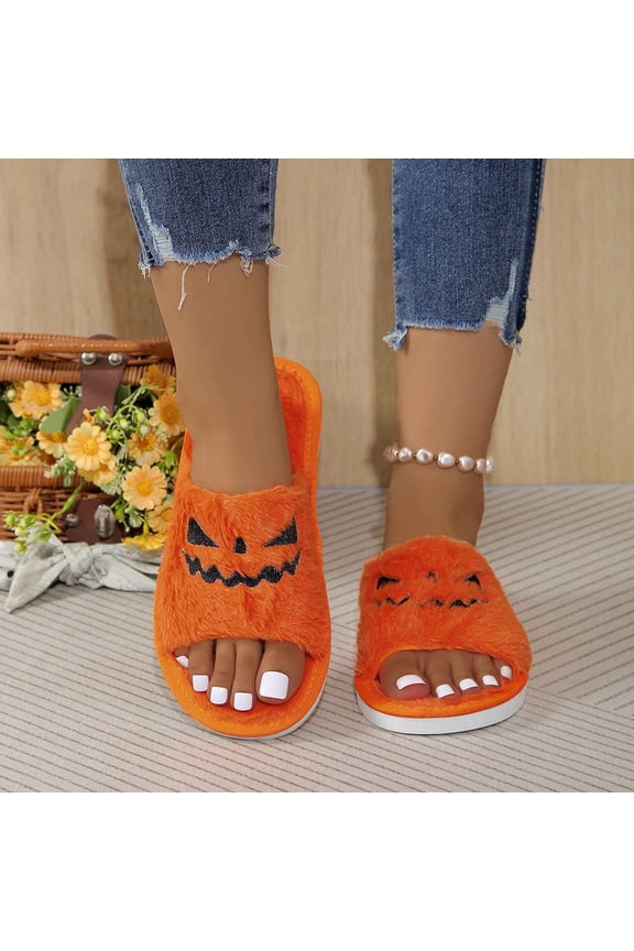 Halloween Slippers for Women Lantern Pumpkin Soft Plush Cozy Open Toe Indoor Outdoor Open Toe Slippers Fuzzy Slippers Gifts for Girls Women