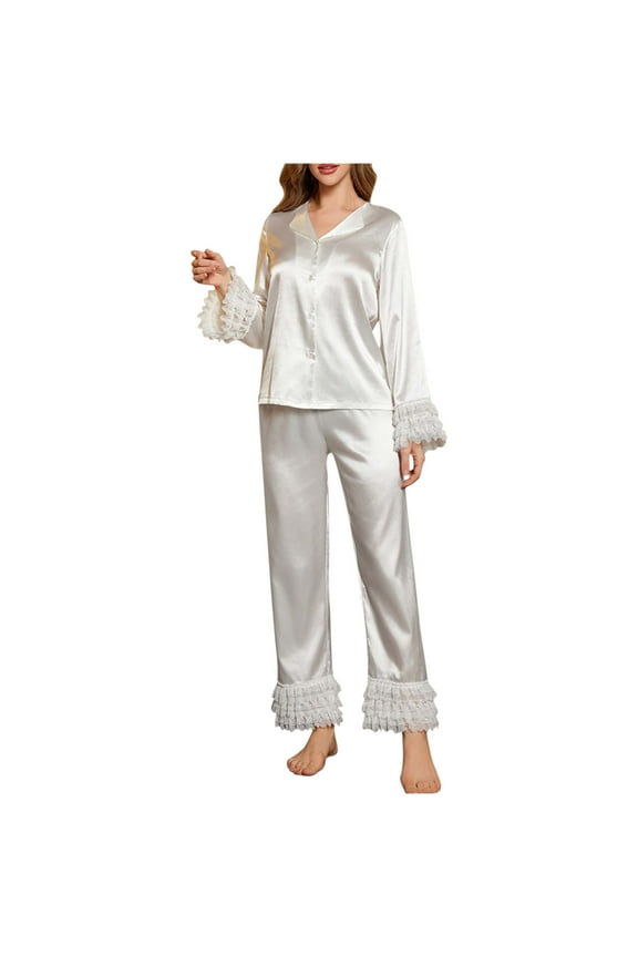 Home Clothes for Women Set Gift for Girlfriend Womens Silky Pajamas Ruffle Hem Long Sleeve Collar Shirt And Long Pants Button Up Lounge Sets