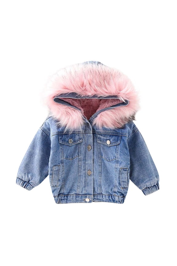 Jackets for Kids Casual Baby Girls Winter Hooded Fur Collar Thick Denim Jacket Coat Warm Faux Fur Fleece Zip Pocket Parka Down Outwear