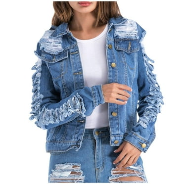 Jamicy Jean Jacket for Women Trendy Y2k Hippie Distressed Jean Jacket Coat Girls Ripped Long Sleeve Button Cropped Women's Denim Jacket