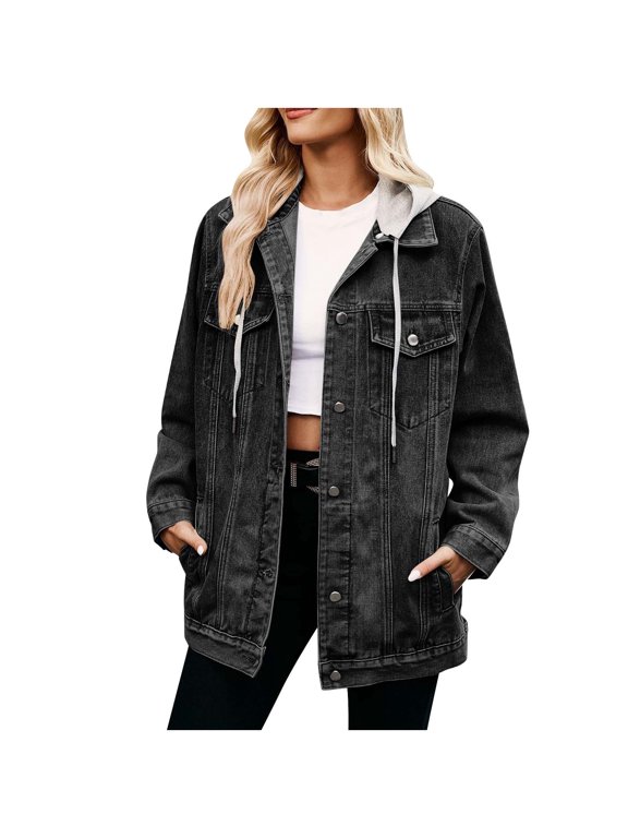 Jean Jackets for Women Casual Fashionable Solid Color Lapel Long Sleeved Oversized Distressed Hooded Denim Jacket for Women