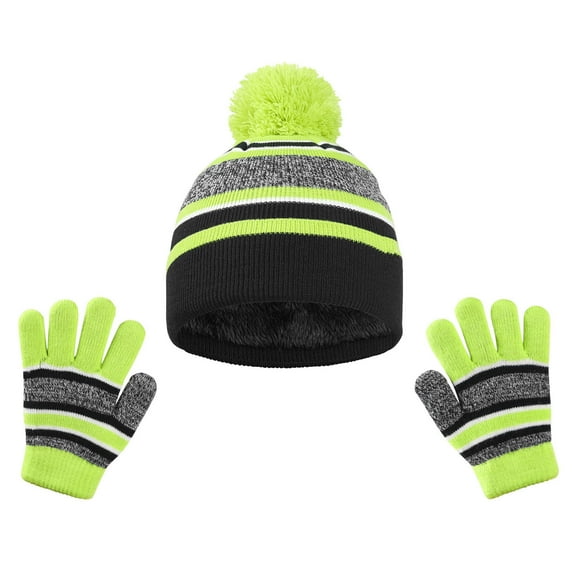 Jamicy Kids Gloves and Hats for 4-10 Year Boys and Girls 2pcs Kids Winter Knit Hat Gloves Set Warm Fleece Lining Thermal Beanie