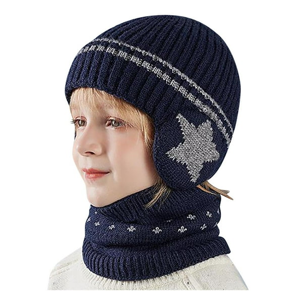 Jamicy Kids Scarves Hats for 4-10 Years Winter Beanie Scarf 2pc Sets Warm Knit Hat Fleece Lined Skull Cap Knitted Scarf Earflap Hat for Winter