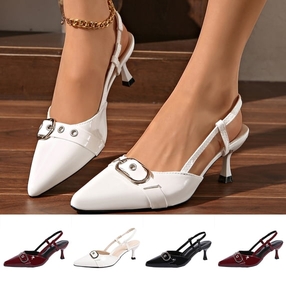Jamicy Kitten Heels Sandals for Women Pointed Toe Pumps Patent Leather Low Heel Slingback Heels with Buckle Dress Shoes for Dating Party Working