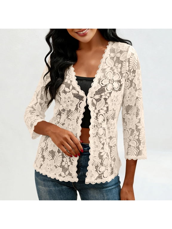 Lace Cardigans for Women Open Front 3/4 Sleeve Sheer Loose-Fit Lace Crochet formal Bolero Shrugs Casual Cardigan Jacket