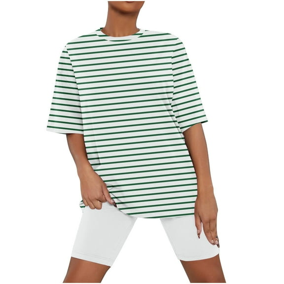 Jamicy Ladies Pajamas Plus Size Striped Round Neck Summer Short Sleeve Top with Shorts Casual Woemn's Pajamas Set Comfortable Plus Size Home Wear