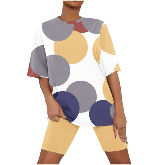 Jamicy Ladies Pajamas Sets Fashion Printed Round Neck Summer Short Sleeve Top with Shorts Casual Woemn's Pajamas Set Plus Size Home Wear