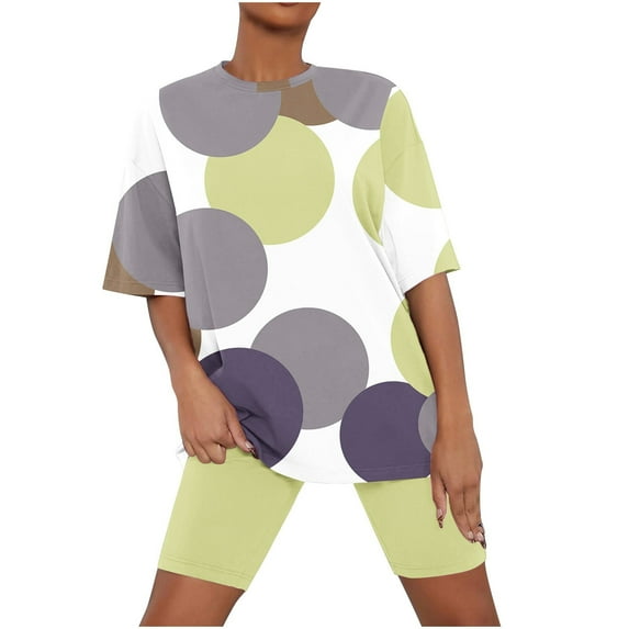 Jamicy Ladies Pajamas Sets On Clearance Fashion Printed Round Neck Summer Short Sleeve Top with Shorts Casual Woemn's Pajamas Set Plus Size Home Wear
