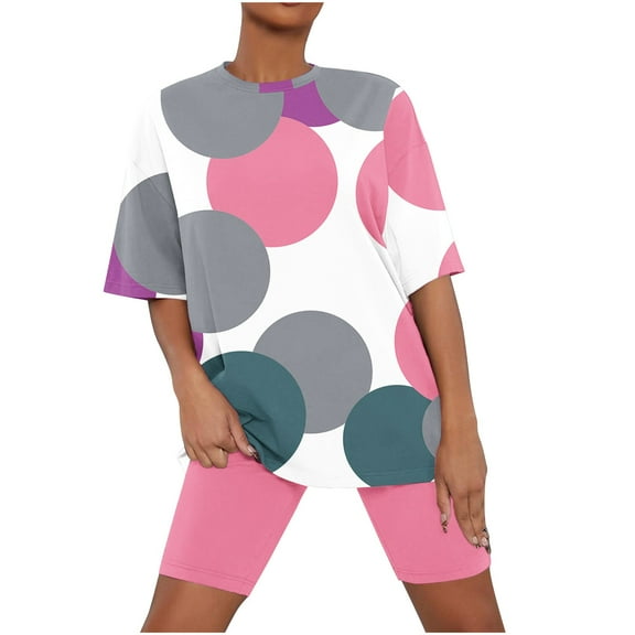 Jamicy Ladies Pajamas Sets Fashion Printed Round Neck Summer Short Sleeve Top with Shorts Casual Woemn's Pajamas Set Plus Size Home Wear