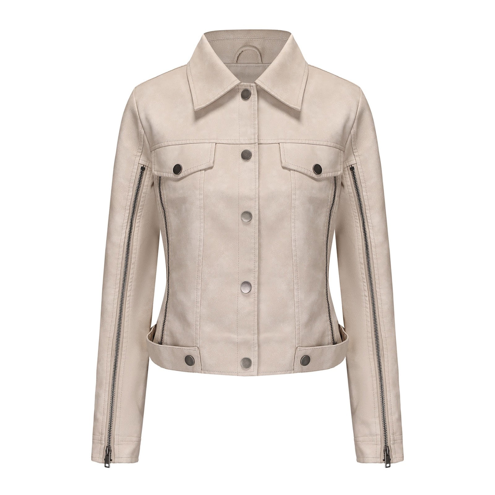 ジャケット・アウター epine leather lady jacket grayish beige Women Moto Biker Zipper Jacket Spring Faux Leather Jacket