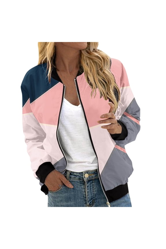 Lightweight Jacket Women Bomber Jacket for Women Lightweight Zip Up Long Sleeve Casual Jacket Trendy Patchwork Color Block Sport Outerwear