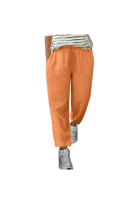 Linen Pants Women Gift for Mom Women's Straight Pants Elastic Waist Casual Trousers Pants with Pockets