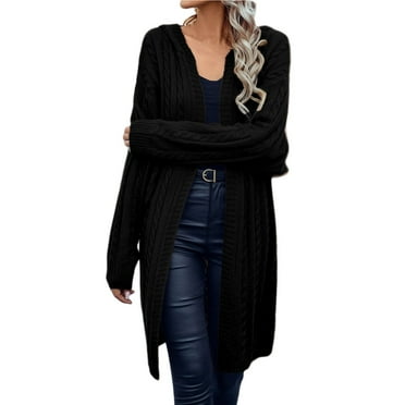 Jamicy Long Cardigans for Women Open Front Sweater Coat for Women Fall Cable Knit Long Cardigan Soft Comfy Soild Buttonless Hooded Sweater Outerwear
