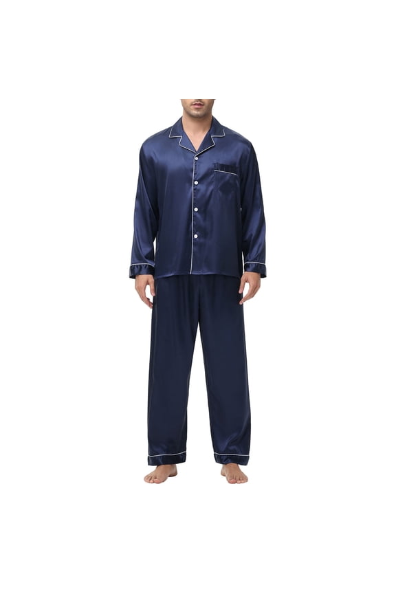 Long Sleeve Pajamas for Men Father's Day Gift Mens Silk Satin Pajamas Set Long Sleeve Sleepwear Button-Down Pj Two-Piece Loungewear with Long Pants