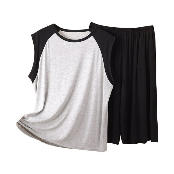 Lopecy-Sta Loungewear Sets for Men Father's Day Gift Men's Summer Loose Color Blocked Set Round Neck Short Sleeve Tank Top with Shorts Home Clothes Two Piece Set