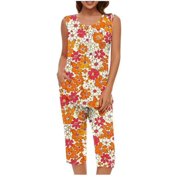 Jamicy Loungewear Sets Woman Gift for Girlfriend Two Piece Short Set Drawstring Elastic Waist Capris Round Neck Tank Tops Comfy Sweatsuit Soft Sleepwear