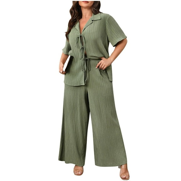 Lopecy-Sta Loungewear Sets Woman Gift for Mother Casual Top Wide Leg Pants Lounge Set Holiday Summer Collared Tie Front Plus Size 2 Piece Comfy Short Sleeve Nightwear Sleepwear