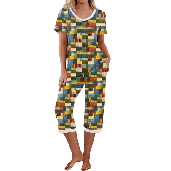 Jamicy Loungewear Sets Woman Gift for Mom Women's Pajama Set Short Sleeve Shirt and Capri Pants Sleepwear Pjs Sets with Pockets