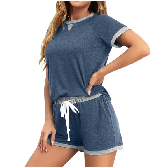 Lopecy-Sta Loungewear Sets Woman Gift for Wife Pajamas for Women Short Sleeve Pjs Sets Crewneck Striped Tops and Shorts 2 Piece Lounge Sets with Pockets