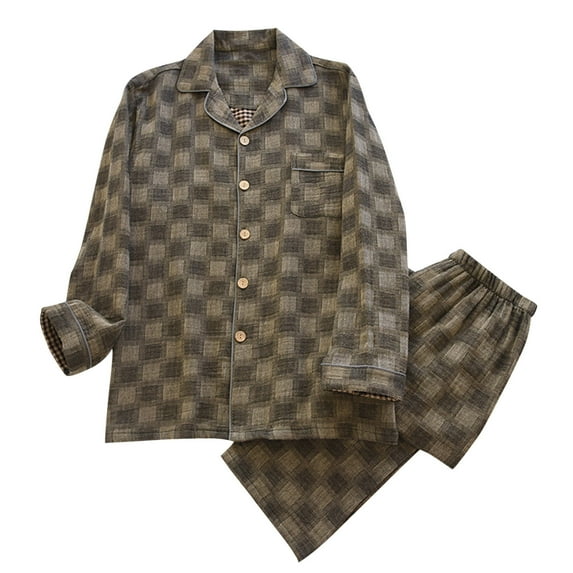 Jamicy Loungewear Sets for Men Gift for Men Men's Collar Plaid Printed Pajamas Sleepwear Long Sleeve Button Down Lounge Sets with Pockets