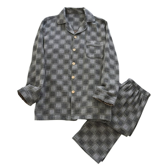 Jamicy Loungewear Sets for Men Gift for Men Men's Collar Plaid Printed Pajamas Sleepwear Long Sleeve Button Down Lounge Sets with Pockets